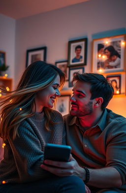 A heartfelt scene of a long-distance couple connected through technology, looking at each other on a video call