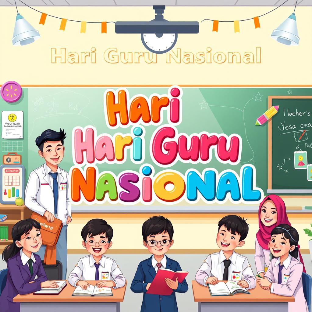 An illustration celebrating Hari Guru Nasional (National Teacher's Day) featuring the text 'Hari Guru Nasional' in bold, colorful typography