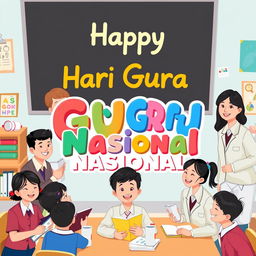 An illustration celebrating Hari Guru Nasional (National Teacher's Day) featuring the text 'Hari Guru Nasional' in bold, colorful typography