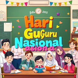 An illustration celebrating Hari Guru Nasional (National Teacher's Day) featuring the text 'Hari Guru Nasional' in bold, colorful typography