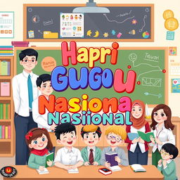An illustration celebrating Hari Guru Nasional (National Teacher's Day) featuring the text 'Hari Guru Nasional' in bold, colorful typography