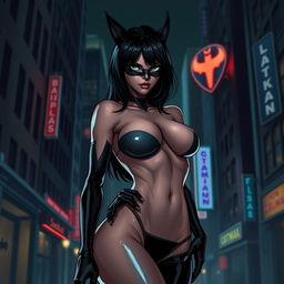 A stylized, artistic representation of a naked Catwoman, showcasing her iconic features, including her sleek black hair and agile physique
