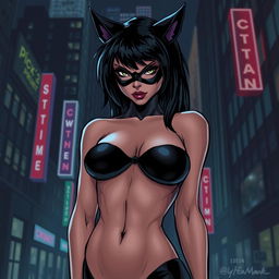 A stylized, artistic representation of a naked Catwoman, showcasing her iconic features, including her sleek black hair and agile physique