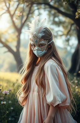 A girl with long flowing hair wearing an elegant mask that beautifully covers her face, set in a dreamy landscape