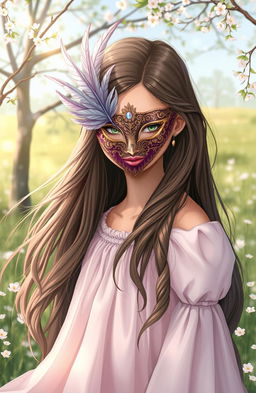 A girl with long flowing hair wearing an elegant mask that beautifully covers her face, set in a dreamy landscape