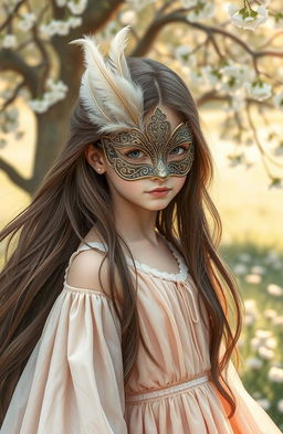 A girl with long flowing hair wearing an elegant mask that beautifully covers her face, set in a dreamy landscape