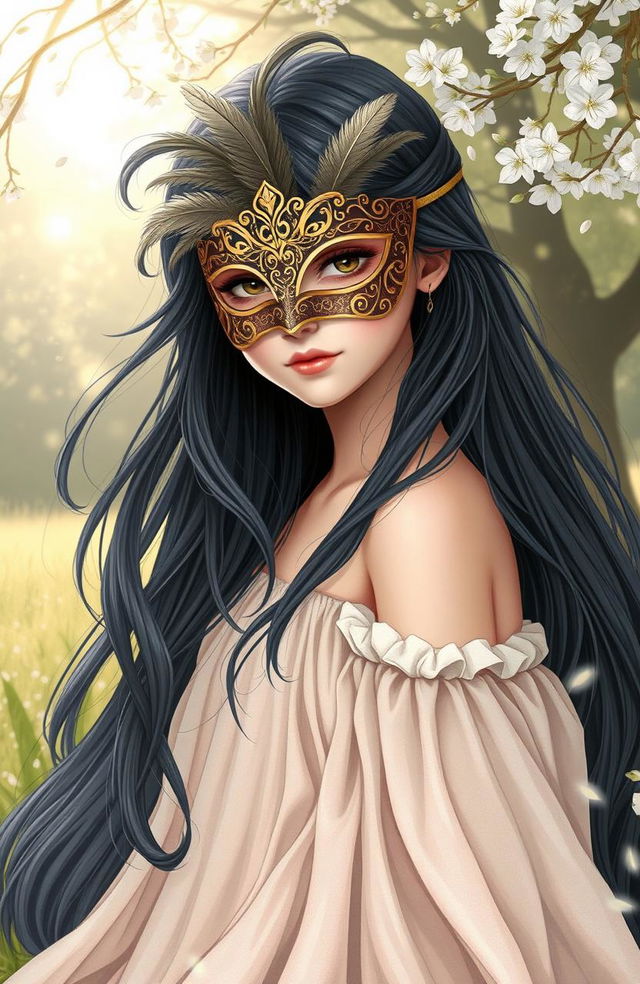 A girl with long flowing hair wearing an elegant mask that beautifully covers her face, set in a dreamy landscape