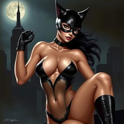 An artistic interpretation of a naked Catwoman, posed gracefully to highlight her iconic black leather accessories and sleek silhouette