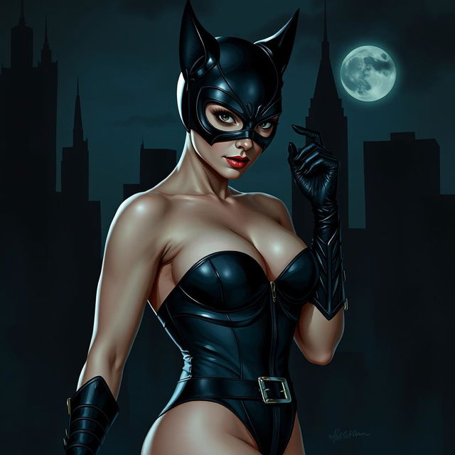 An artistic interpretation of a naked Catwoman, posed gracefully to highlight her iconic black leather accessories and sleek silhouette