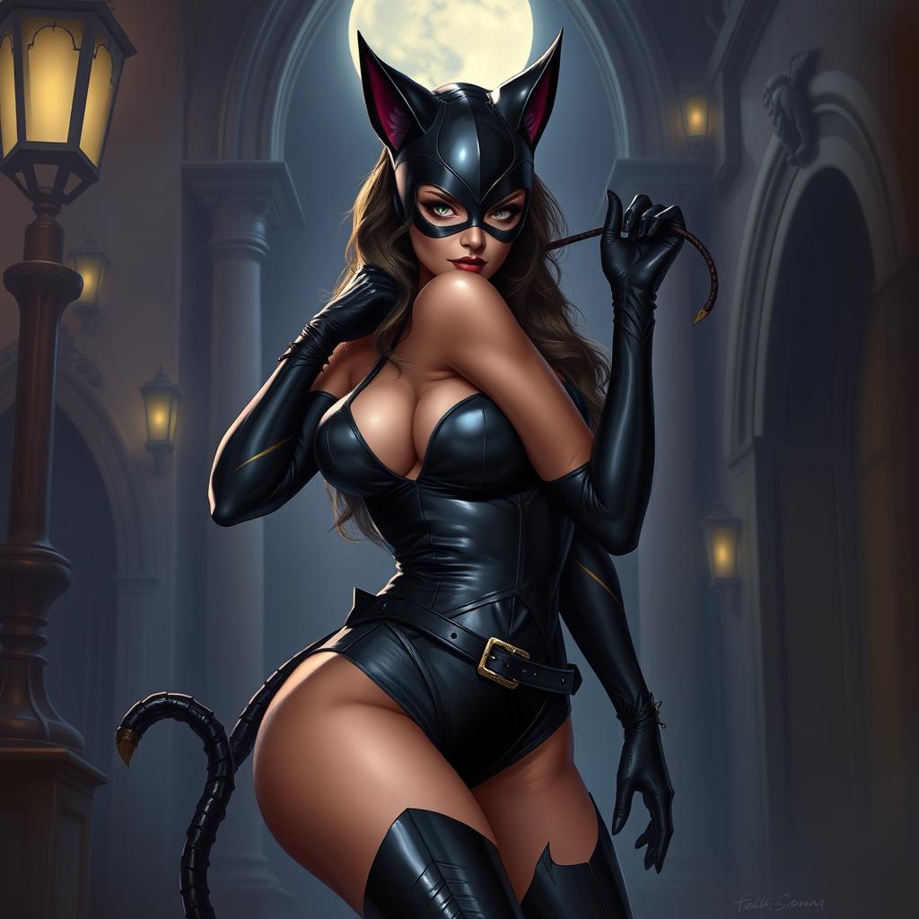 A sexy portrayal of Catwoman as a fierce and alluring feline-themed woman