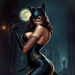 A sexy portrayal of Catwoman as a fierce and alluring feline-themed woman