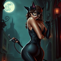 A sexy portrayal of Catwoman as a fierce and alluring feline-themed woman