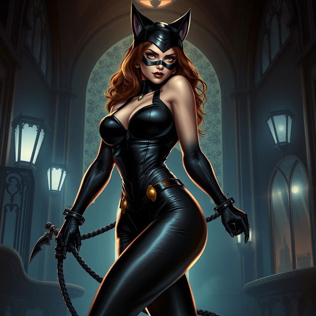 A sexy portrayal of Catwoman as a fierce and alluring feline-themed woman