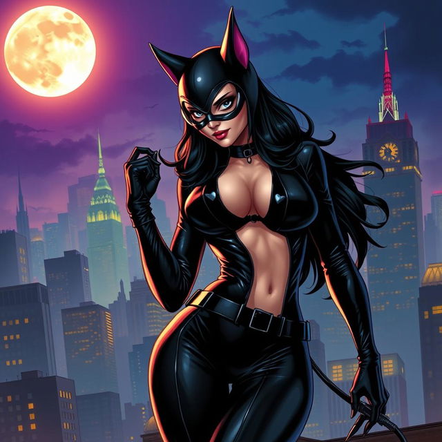 An alluring portrayal of Catwoman, featuring her in a stylish, form-fitting black leather suit that accentuates her curves