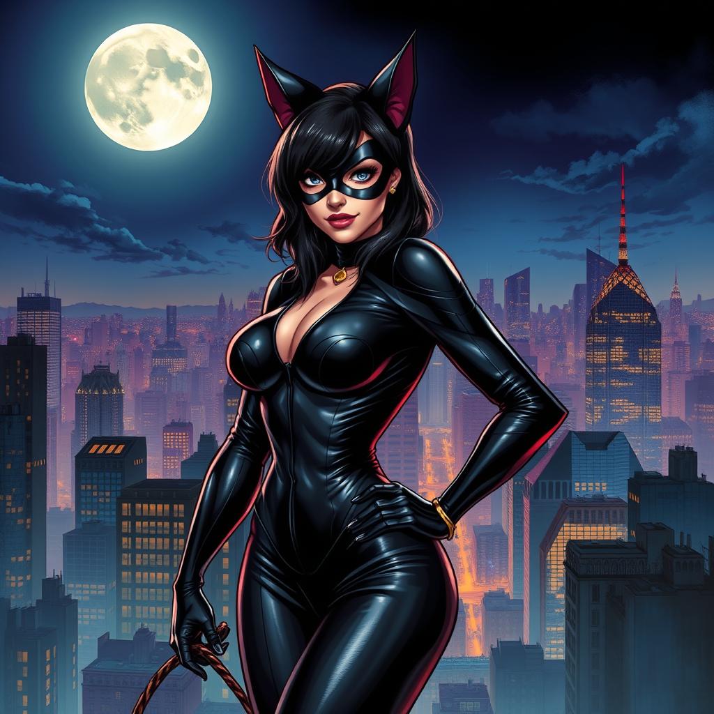 An alluring portrayal of Catwoman, featuring her in a stylish, form-fitting black leather suit that accentuates her curves