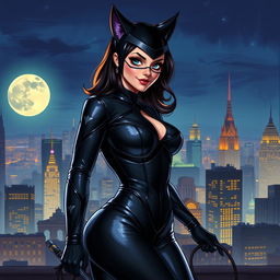 An alluring portrayal of Catwoman, featuring her in a stylish, form-fitting black leather suit that accentuates her curves