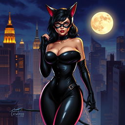 An alluring portrayal of Catwoman, featuring her in a stylish, form-fitting black leather suit that accentuates her curves