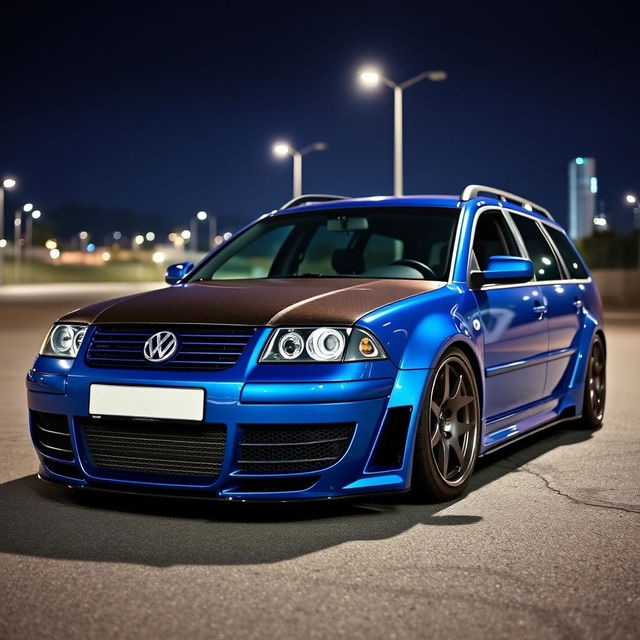 A stunning blue 2001 VW Passat R36 widebody wagon, modified for drifting, elegantly parked at night