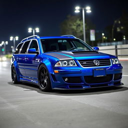 A stunning blue 2001 VW Passat R36 widebody wagon, modified for drifting, elegantly parked at night