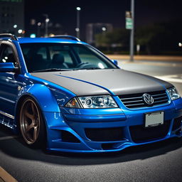 A stunning blue 2001 VW Passat R36 widebody wagon, modified for drifting, elegantly parked at night