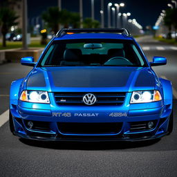 A stunning blue 2001 VW Passat R36 widebody wagon, modified for drifting, elegantly parked at night