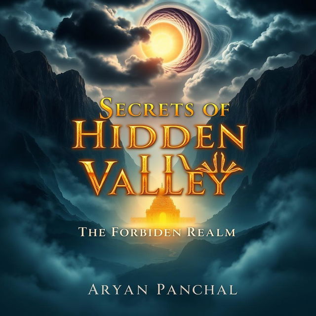 A breathtaking cover featuring a hidden, mystical valley surrounded by towering, mist-covered mountains