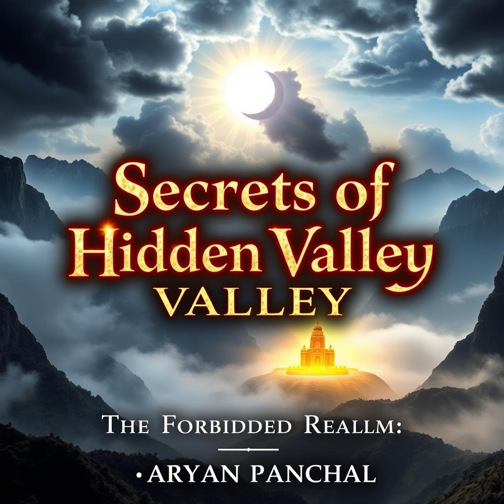 A breathtaking cover featuring a hidden, mystical valley surrounded by towering, mist-covered mountains