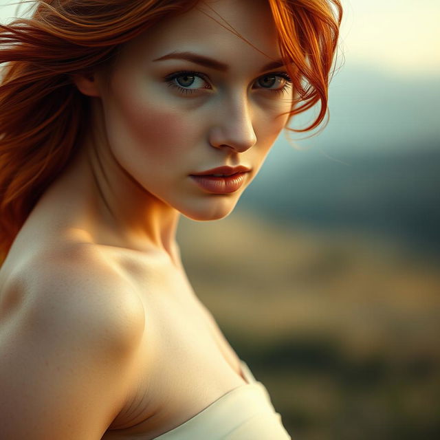 A striking portrait of a youthful red-haired woman in her twenties, exuding confidence and beauty