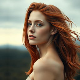 A striking portrait of a youthful red-haired woman in her twenties, exuding confidence and beauty