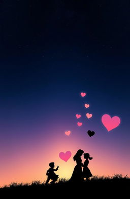 A captivating journey from darkness to love, illustrating a contrast between shadowy, mysterious elements and vibrant, warm symbols of affection