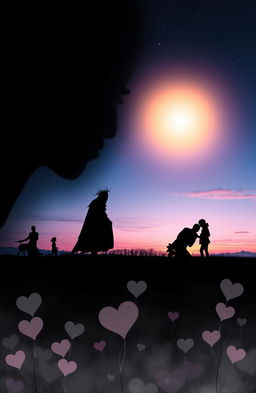 A captivating journey from darkness to love, illustrating a contrast between shadowy, mysterious elements and vibrant, warm symbols of affection