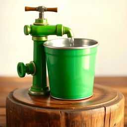 A vibrant green water pump, beautifully detailed, with a shiny silver bucket positioned directly underneath it
