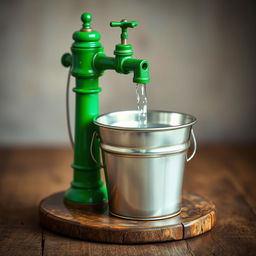 A vibrant green water pump, beautifully detailed, with a shiny silver bucket positioned directly underneath it