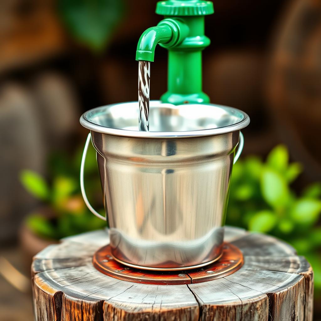 A vibrant green water pump, beautifully detailed, with a shiny silver bucket positioned directly underneath it