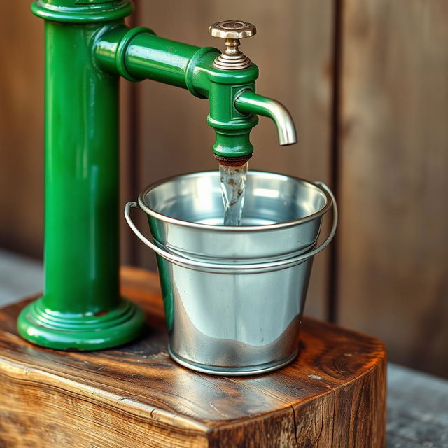 A vibrant green water pump, beautifully detailed, with a shiny silver bucket positioned directly underneath it