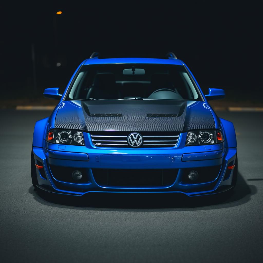 A blue 2001 widebody VW Passat R36 wagon, modified as a drift car, is parked at night