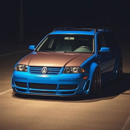 A blue 2001 widebody VW Passat R36 wagon, modified as a drift car, is parked at night