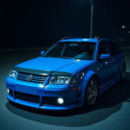 A blue 2001 widebody VW Passat R36 wagon, modified as a drift car, is parked at night