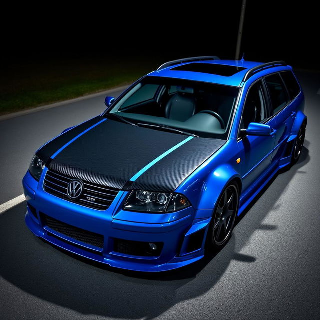 A blue 2001 widebody VW Passat R36 wagon, modified as a drift car, is parked at night