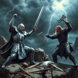 A dramatic representation of conflict, featuring an intense scene between two medieval warriors engaged in a fierce battle on a rocky cliffside