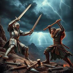 A dramatic representation of conflict, featuring an intense scene between two medieval warriors engaged in a fierce battle on a rocky cliffside