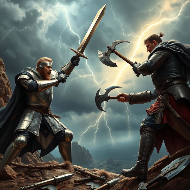 A dramatic representation of conflict, featuring an intense scene between two medieval warriors engaged in a fierce battle on a rocky cliffside