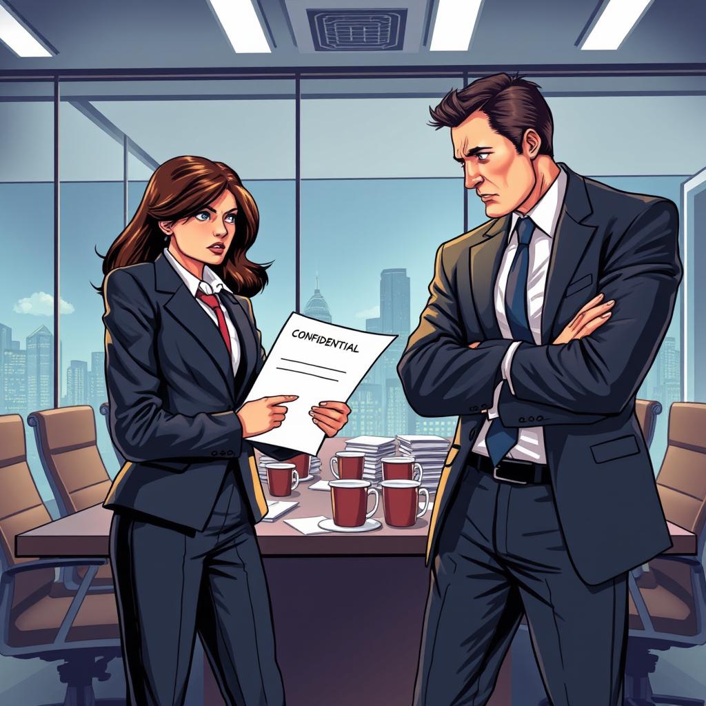 A dramatic illustration depicting a corporate office with two professionals engaged in a heated discussion
