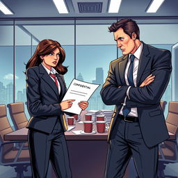A dramatic illustration depicting a corporate office with two professionals engaged in a heated discussion