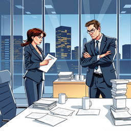 A dramatic illustration depicting a corporate office with two professionals engaged in a heated discussion