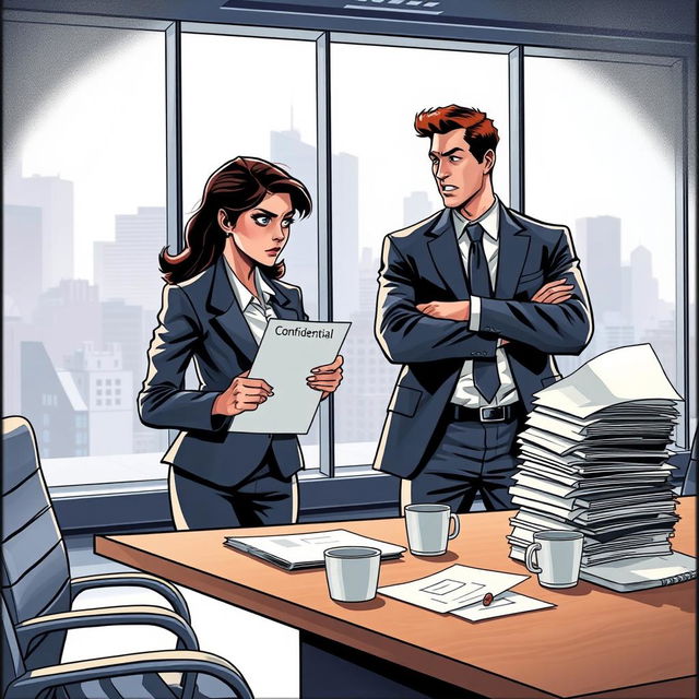 A dramatic illustration depicting a corporate office with two professionals engaged in a heated discussion