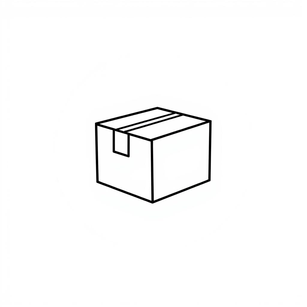 A minimalist black line-drawn icon of a parcel box resembling a postal package, enclosed within a white circle