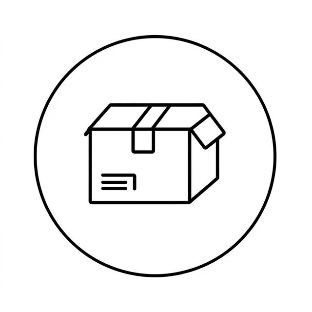 A minimalist black line-drawn icon of a parcel box resembling a postal package, enclosed within a white circle