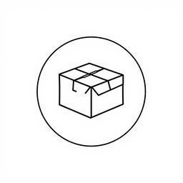 A minimalist black line-drawn icon of a parcel box resembling a postal package, enclosed within a white circle