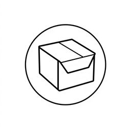 A minimalist black line-drawn icon of a parcel box resembling a postal package, enclosed within a white circle